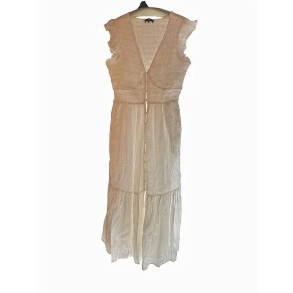 Quince Organic Textured Cotton Smocked V-Neck Midi Dress White S New Anthro